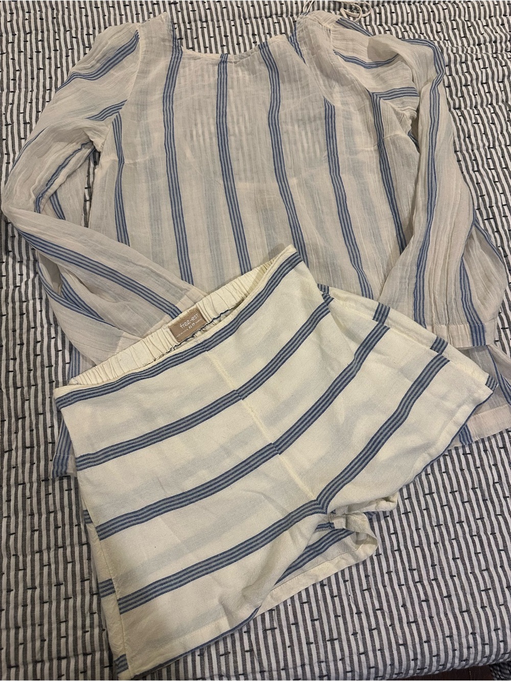 Free People Cream and Blue Striped High-Waist Shorts